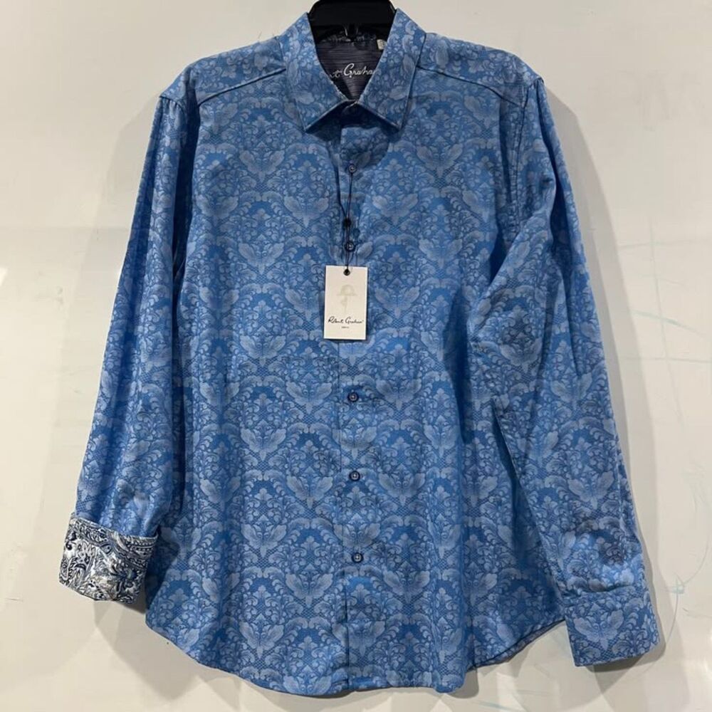 NWT Robert Graham Blue Cotton Classic Fit Bayview Damask Jacquard Shirt Large